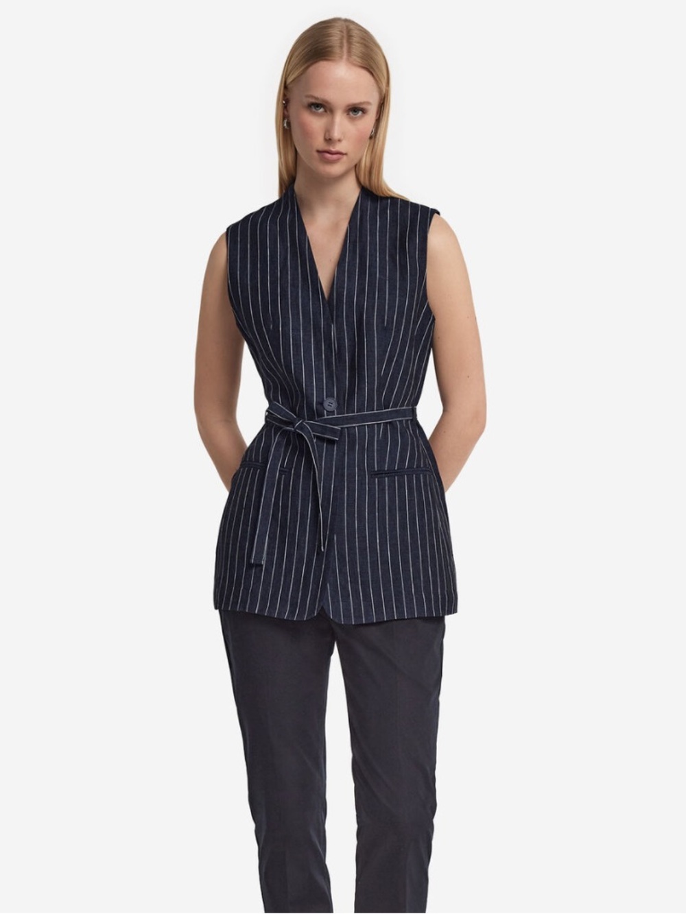 New Falconeri Sleeveless Pinstripe Linen Vest Top Navy Blue Medium